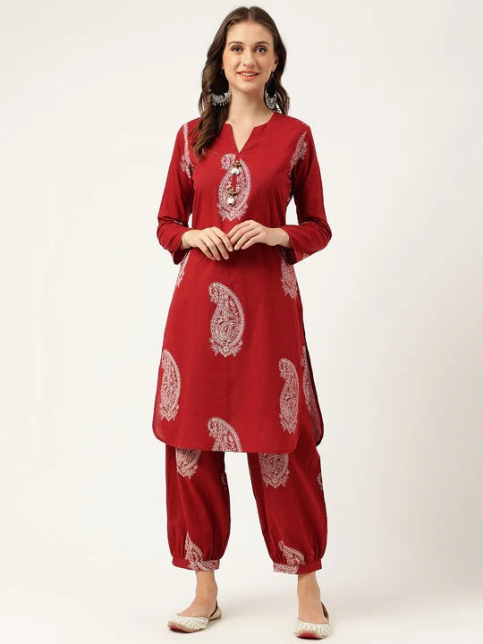 Paisley Printed Maroon cord Set